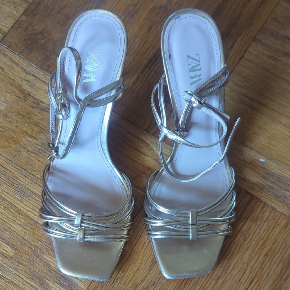 Zara Metallic Gold Strappy Heels